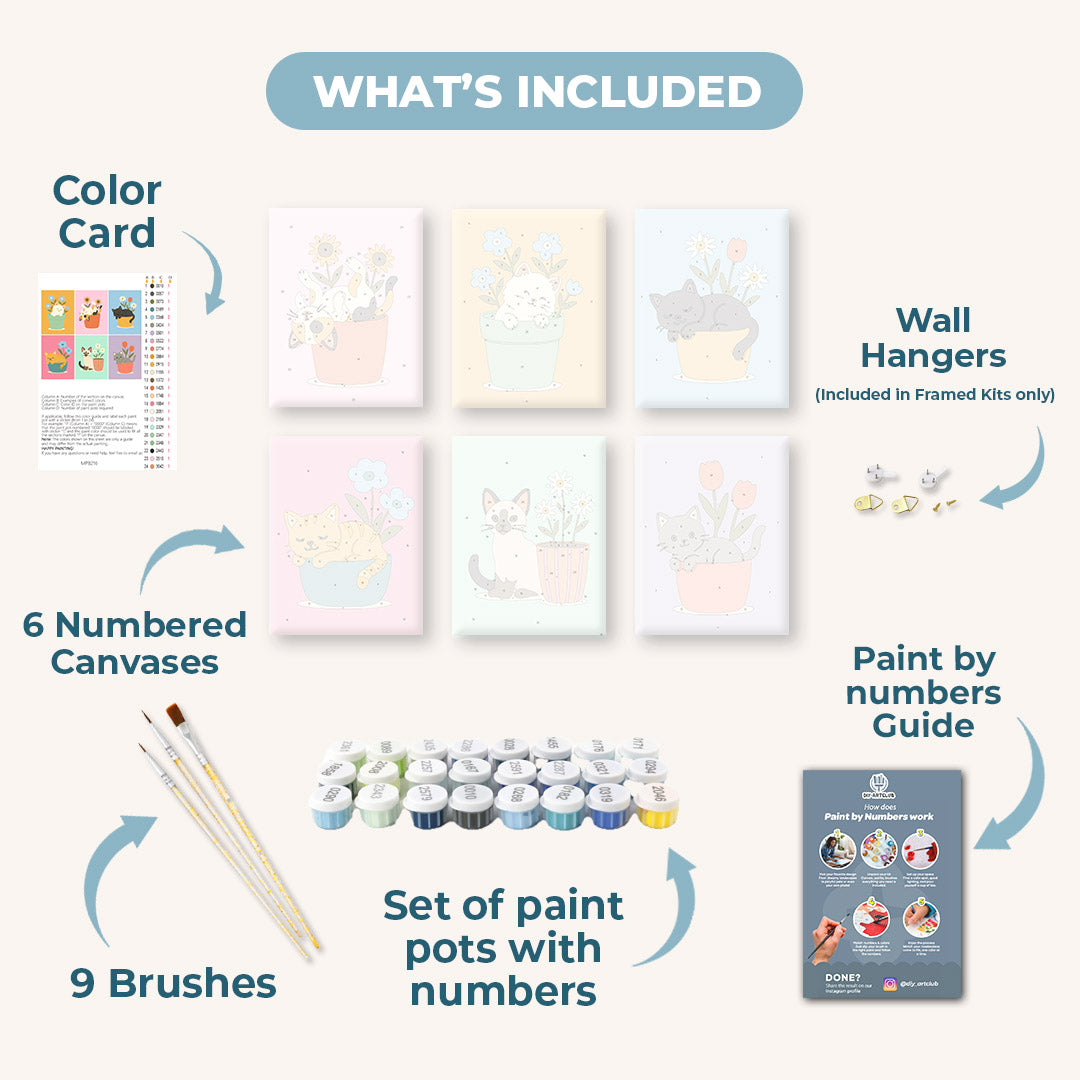 6 Mini Paintings - Cats & Flowers Set