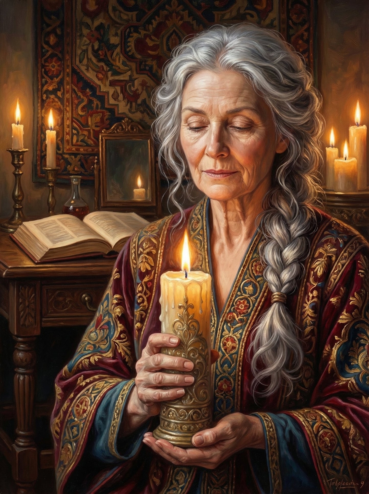 Elderly Woman Ornate Candlelight (120 Colors)