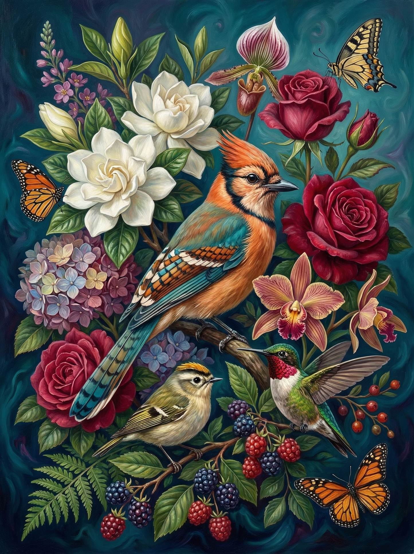 Garden Birds And Poppies (80 Colors)