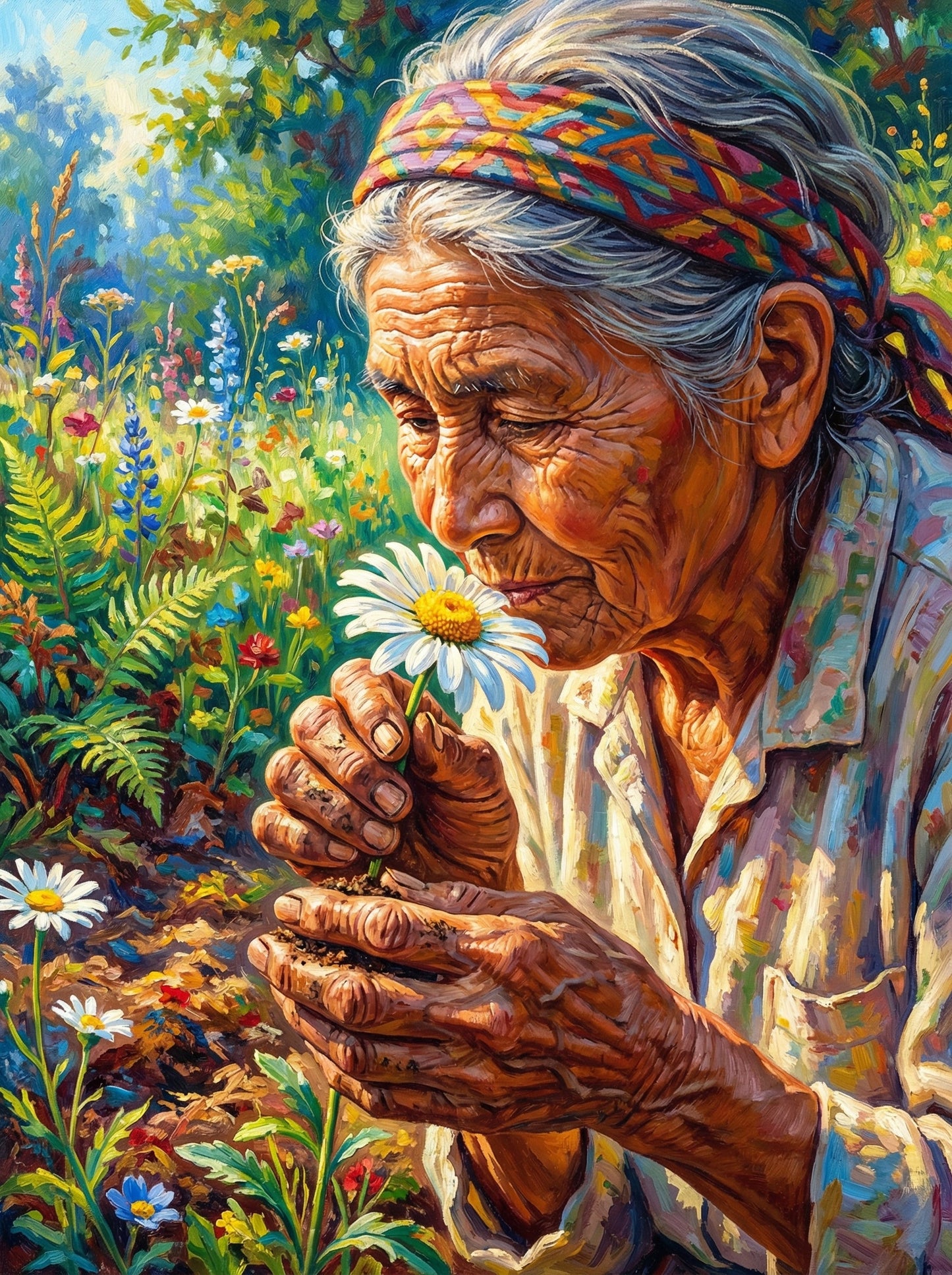 Grandmother Holding White Flower (80 Colors)