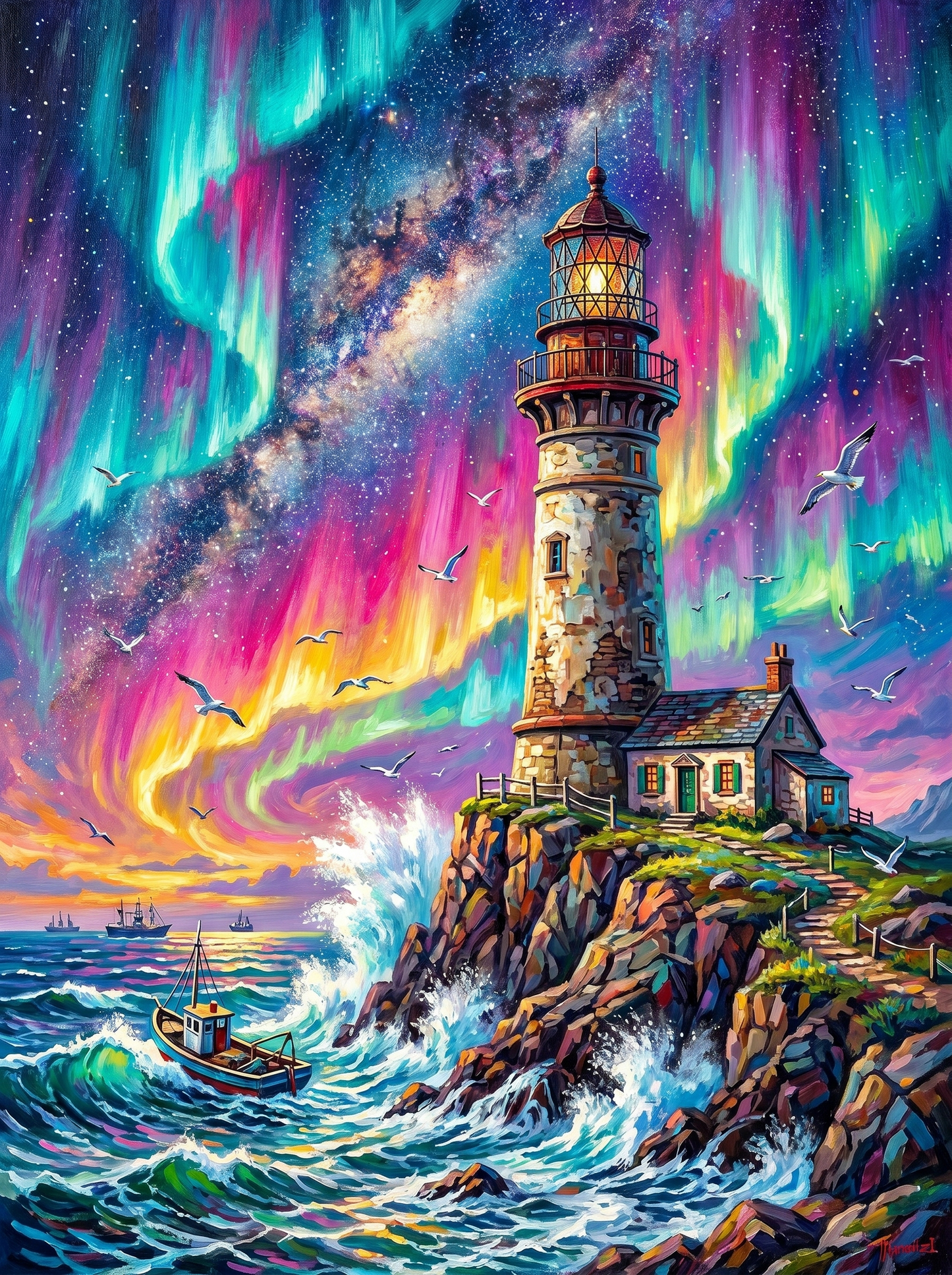 Aurora Lighthouse Ocean Dream