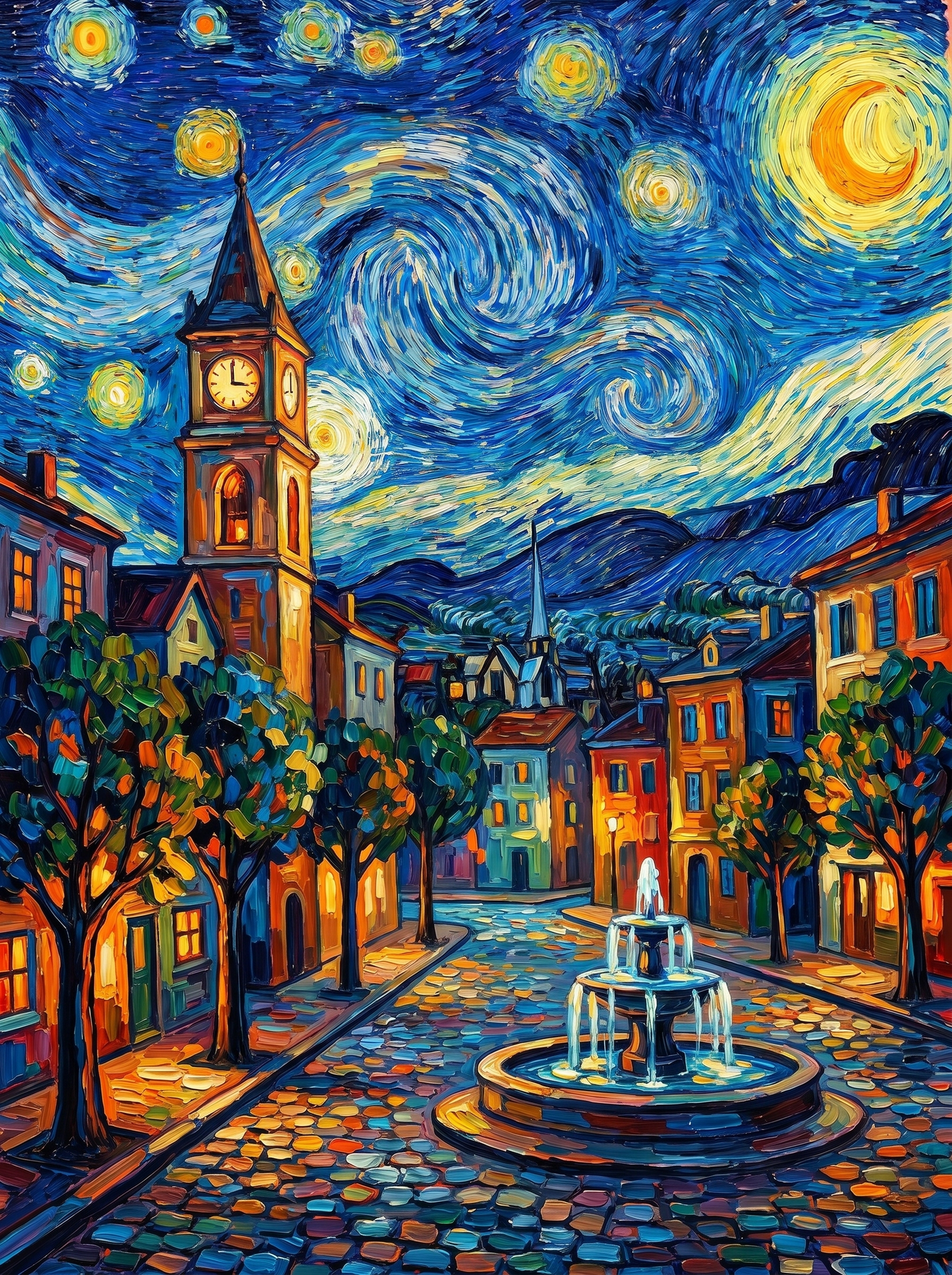 Starry Village Fountain Night