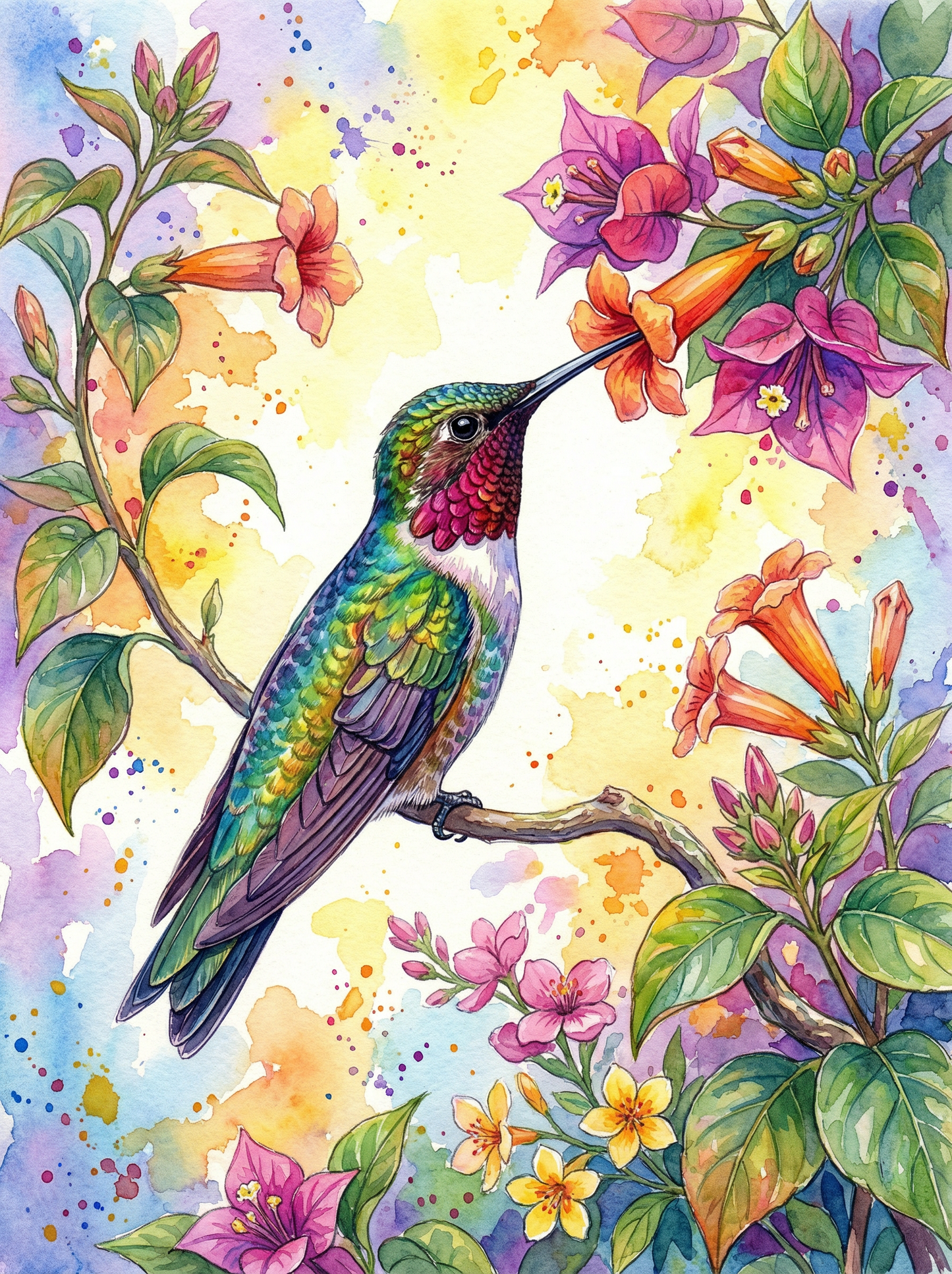 Hummingbird Garden Watercolor