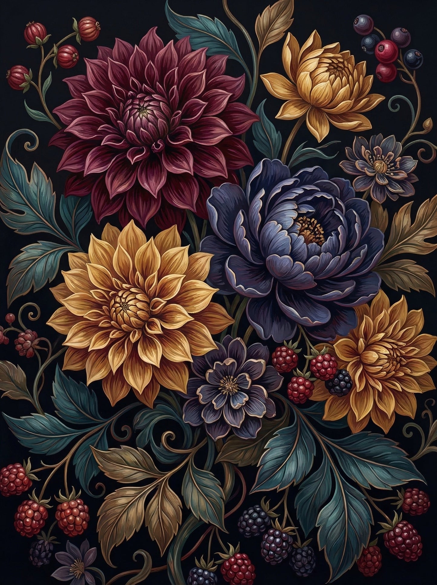 Jeweled Dahlias And Berries