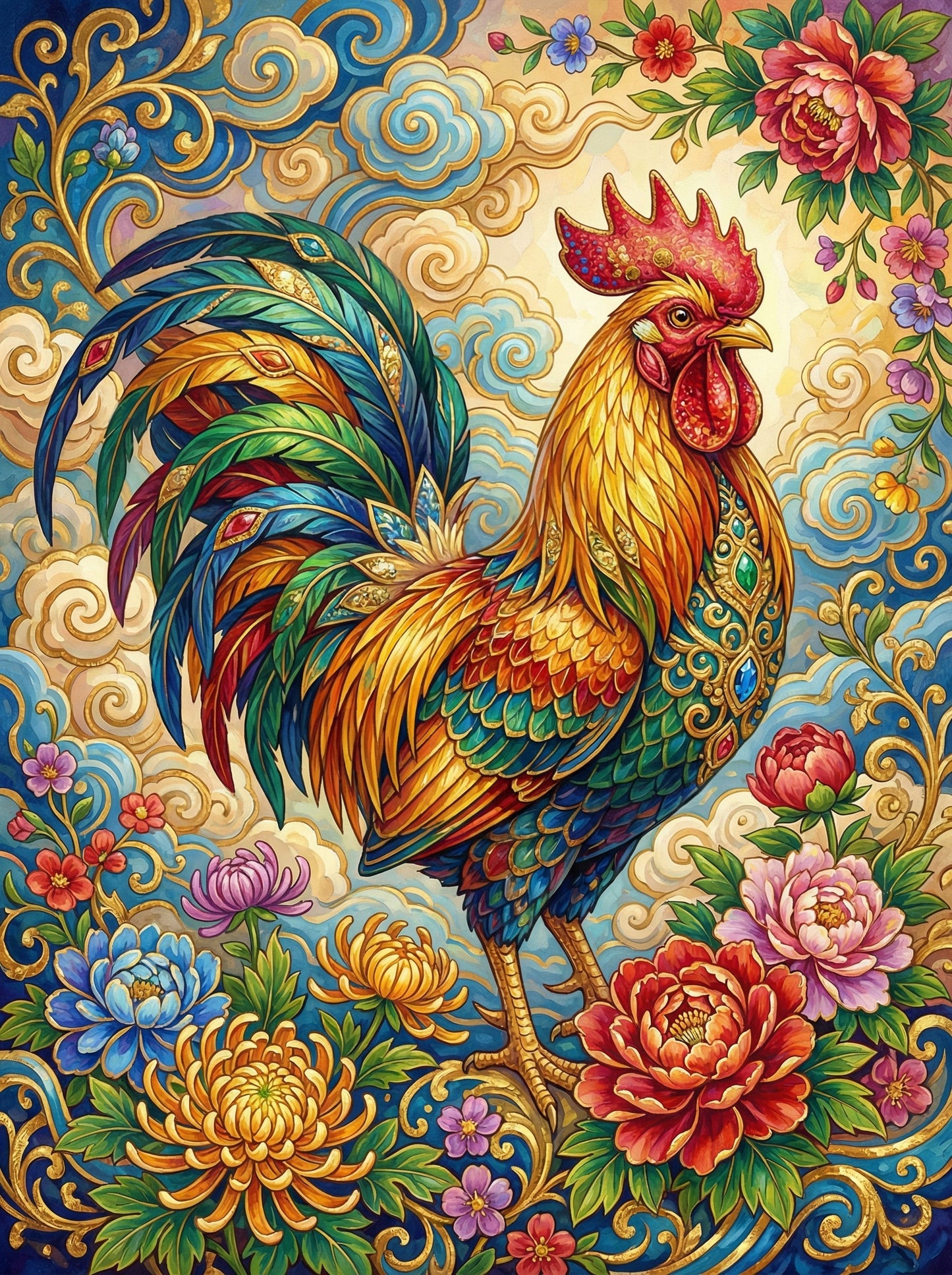 Ornate Rooster With Flowers (120 Colors)