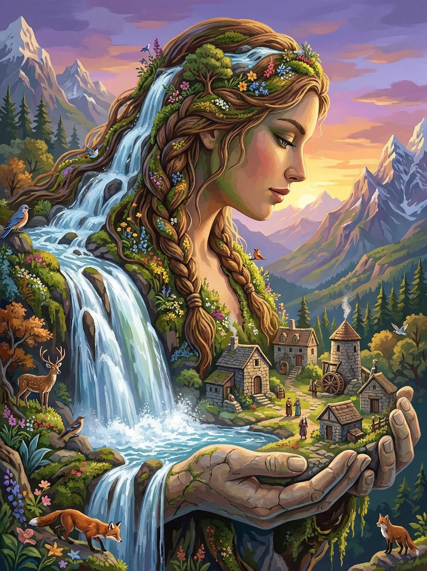 Waterfall Woman Village Scene