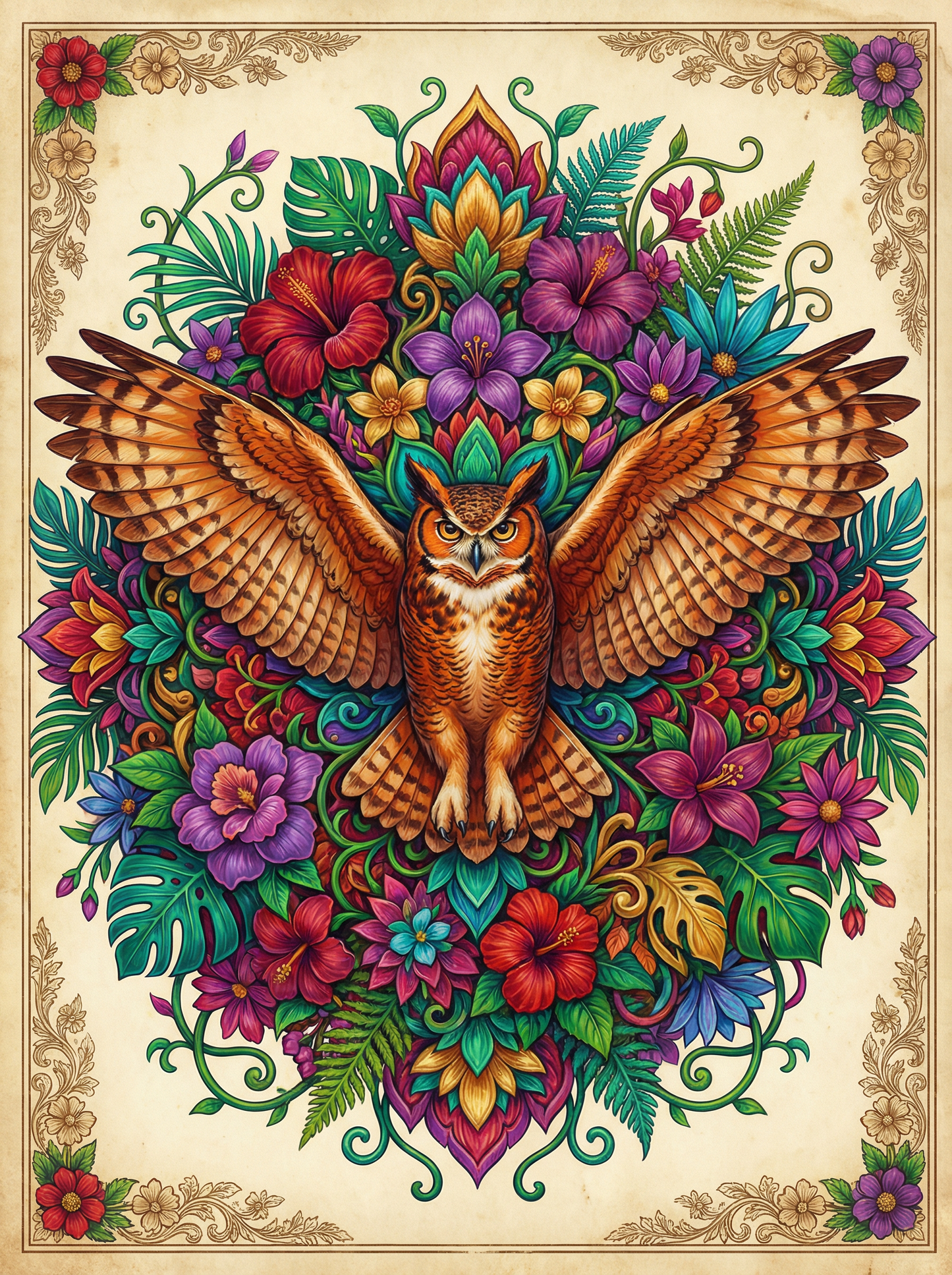 Winged Owl In Blossoms (80 Colors)