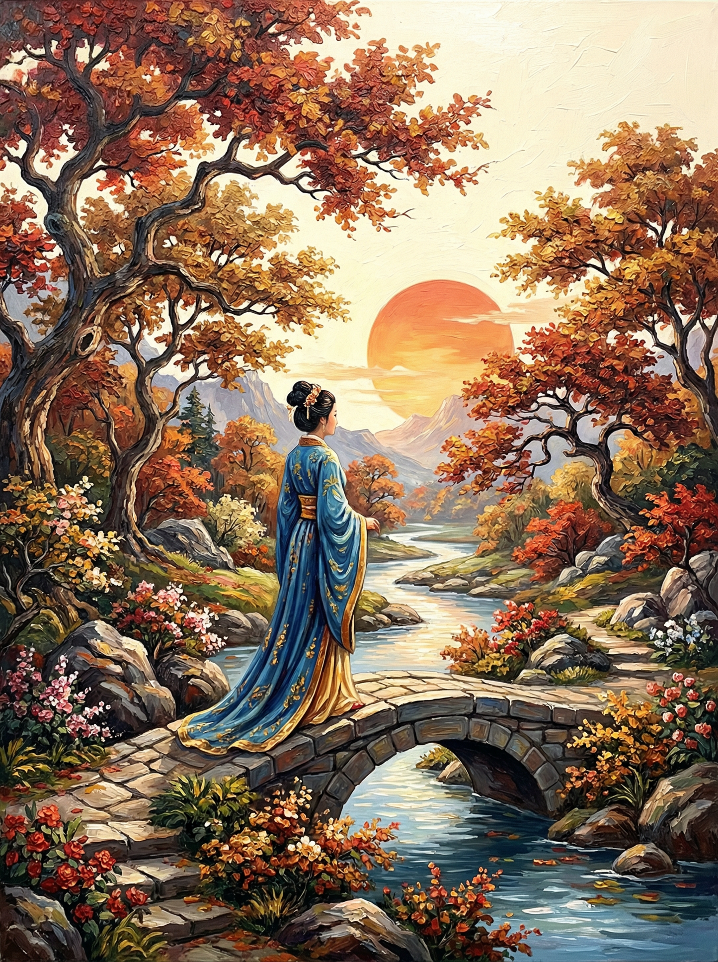 Woman Autumn Bridge Sunset (120 Colors)