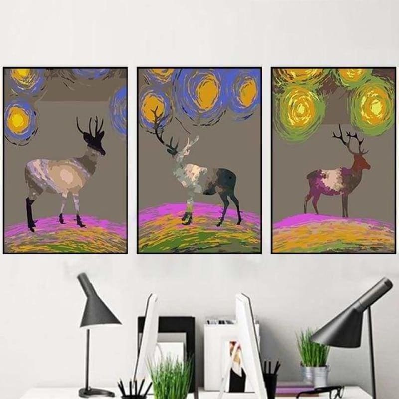 3X Multi Panel Deer Diy Paint By Numbers Kits PBN91763 -
