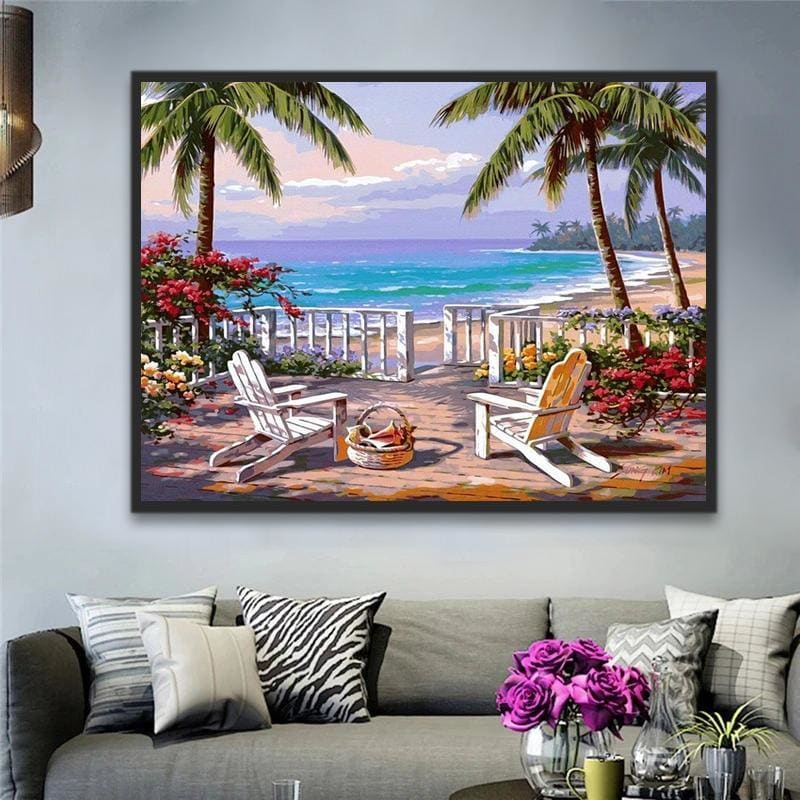 Landscape Seaside Yard Palm Trees Beach Summer DIY Paint By