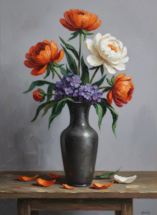 Peonies in a Black Vase