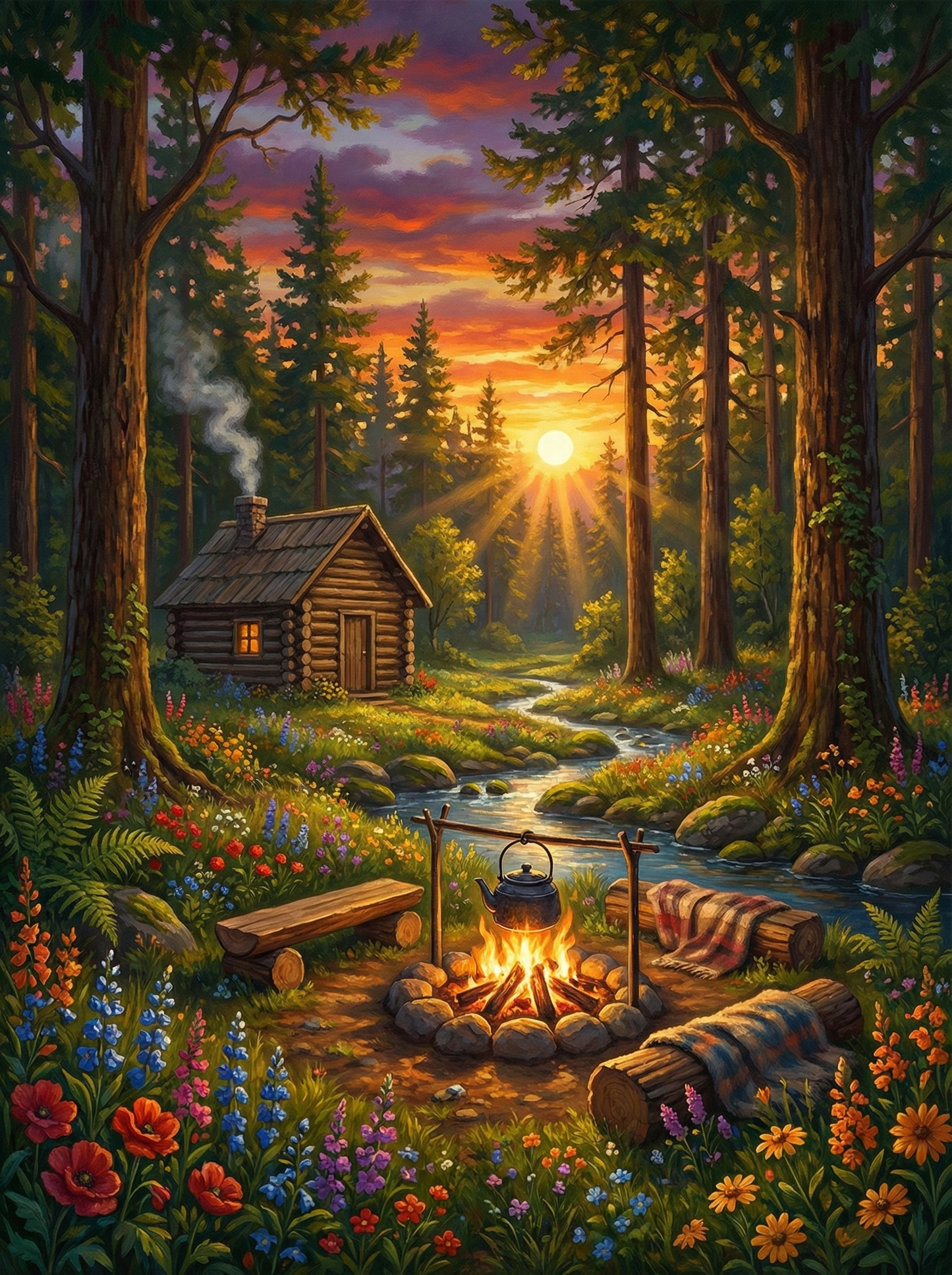 Sunset Forest Cabin Campfire (80 Colors)