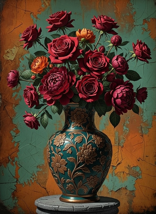 Crimson Roses in Ornate Vase