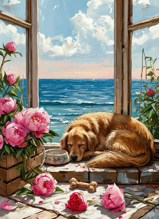 Golden Retriever by the Sea Window