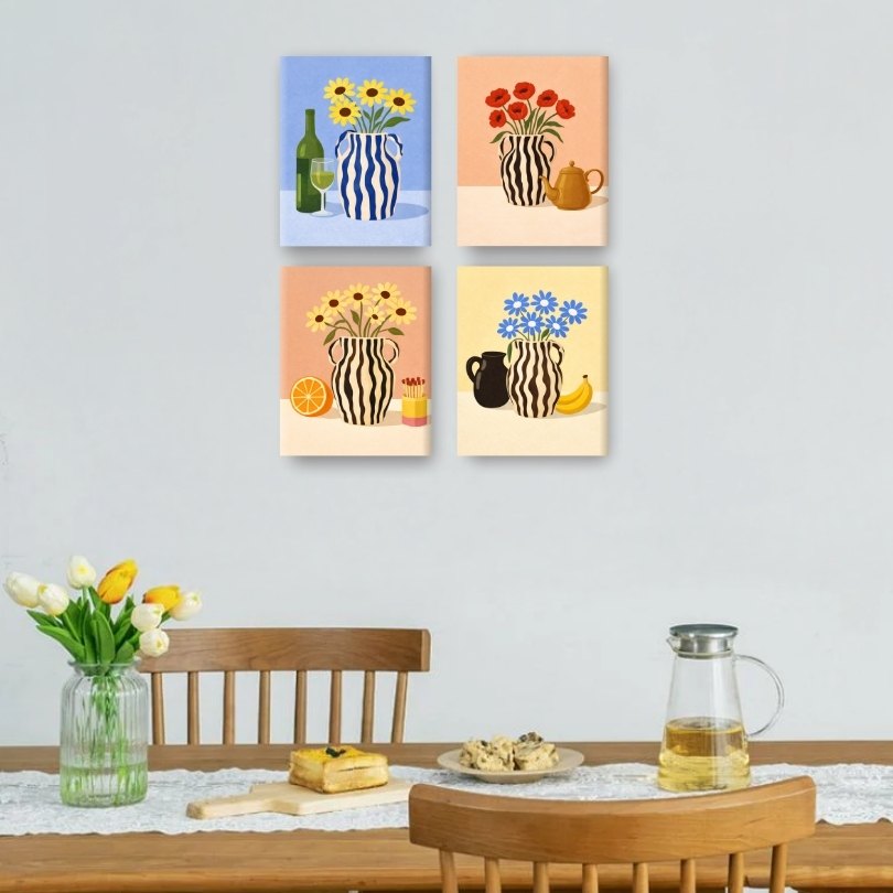 4 Mini Paintings - Blooming Vases Set