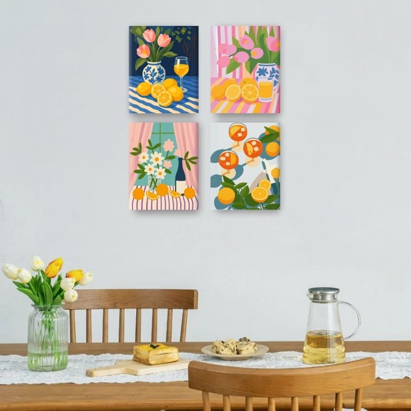 4 Mini Paintings - Flowers & Drinks Set