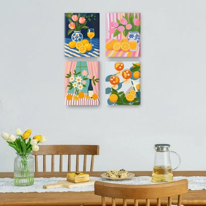 4 Mini Paintings - Flowers & Drinks Set