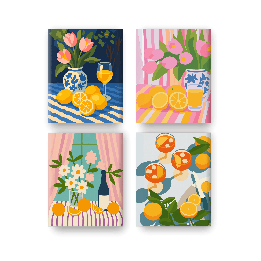 4 Mini Paintings - Flowers & Drinks Set