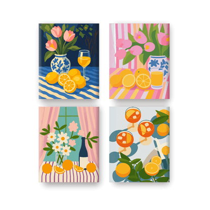 4 Mini Paintings - Flowers & Drinks Set