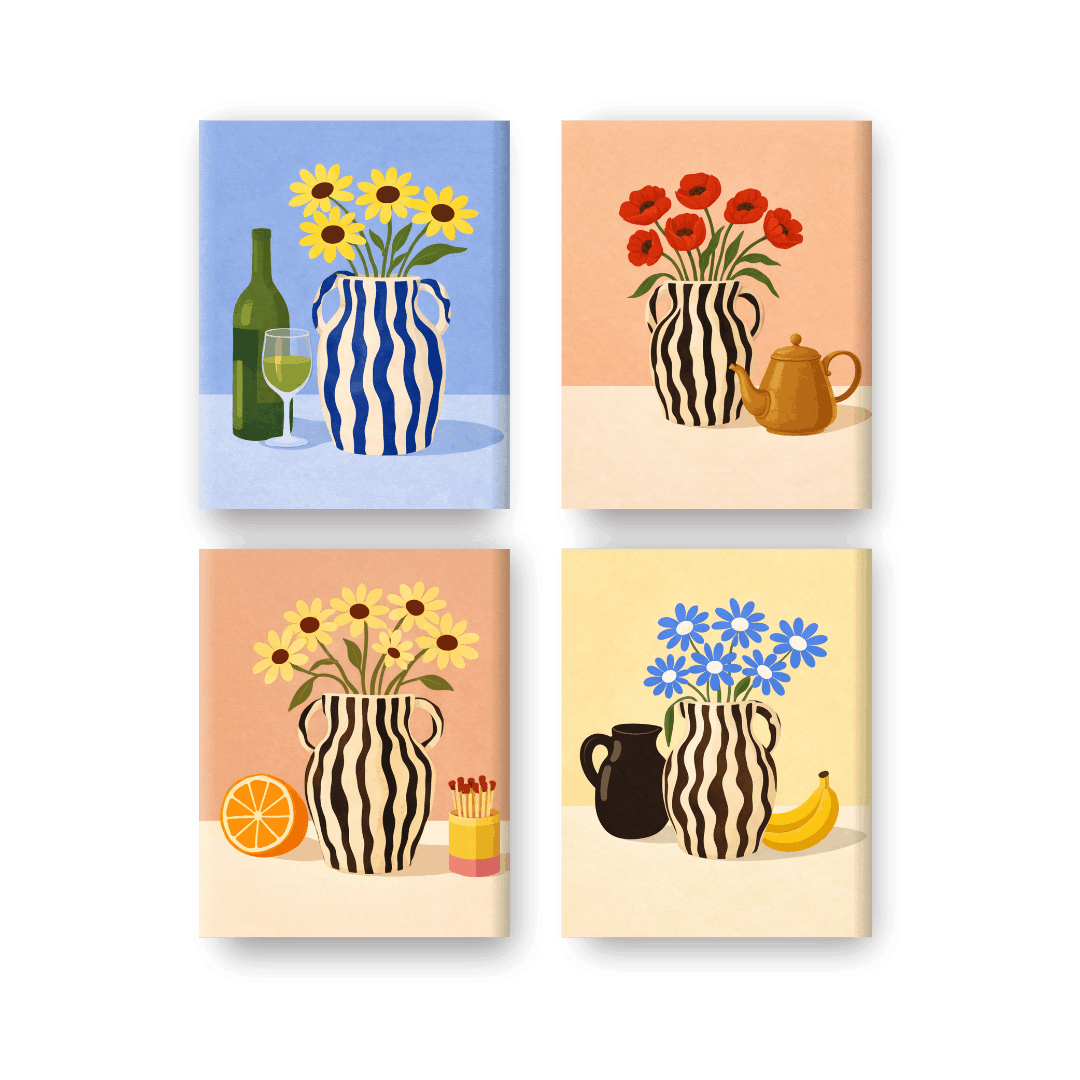 4 Mini Paintings - Blooming Vases Set