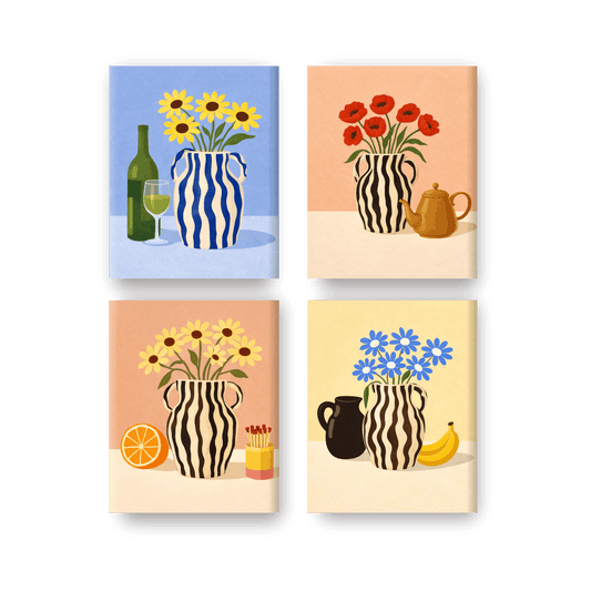 4 Mini Paintings - Blooming Vases Set