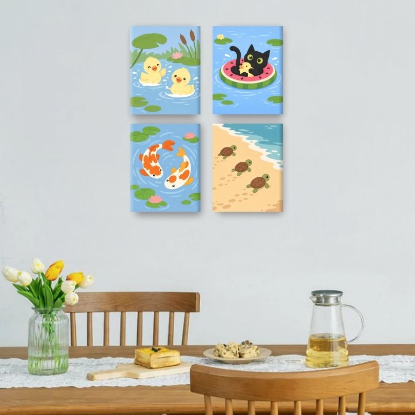 4 Mini Paintings - Water Animals Set