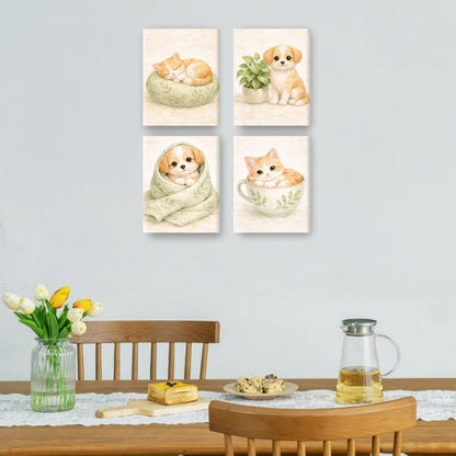 4 Mini Paintings - Cute Dog & Cat Set