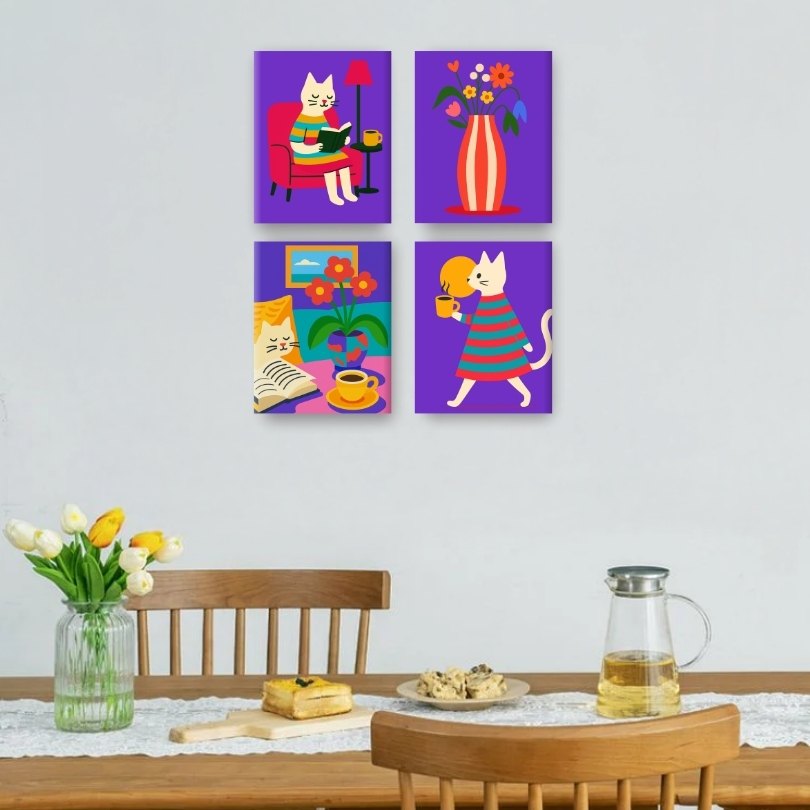 4 Mini Paintings - Cozy Cat Life Set