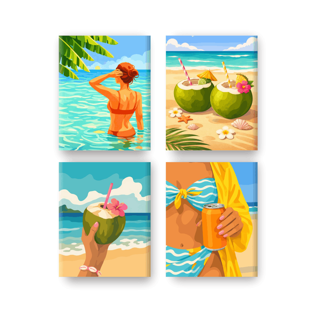 4 Mini Paintings - Coconuts & Beach Set