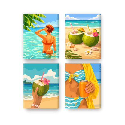 4 Mini Paintings - Coconuts & Beach Set