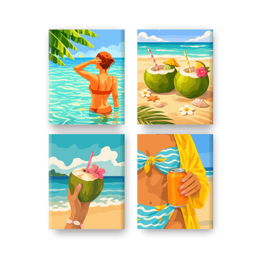 4 Mini Paintings - Coconuts & Beach Set