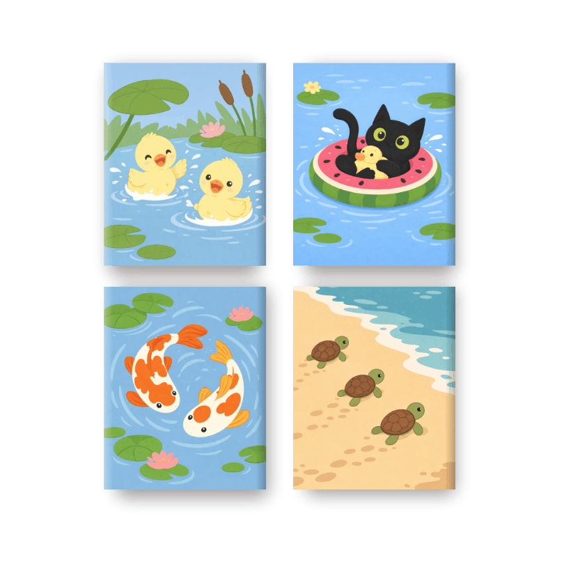 4 Mini Paintings - Water Animals Set