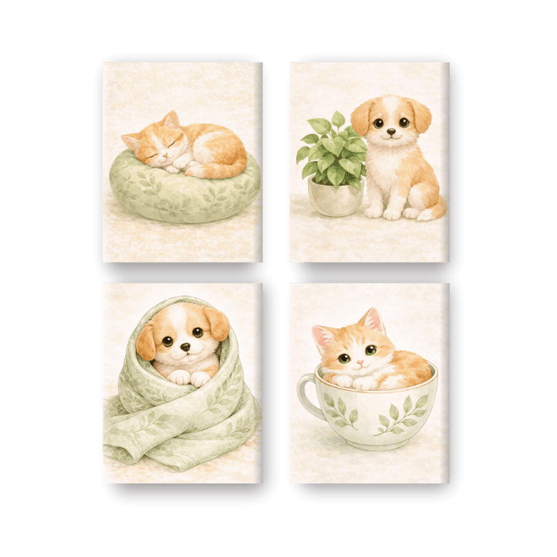 4 Mini Paintings - Cute Dog & Cat Set