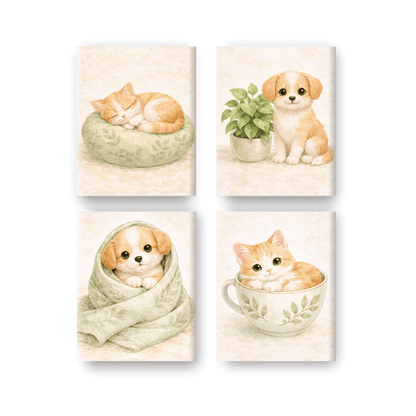 4 Mini Paintings - Cute Dog & Cat Set
