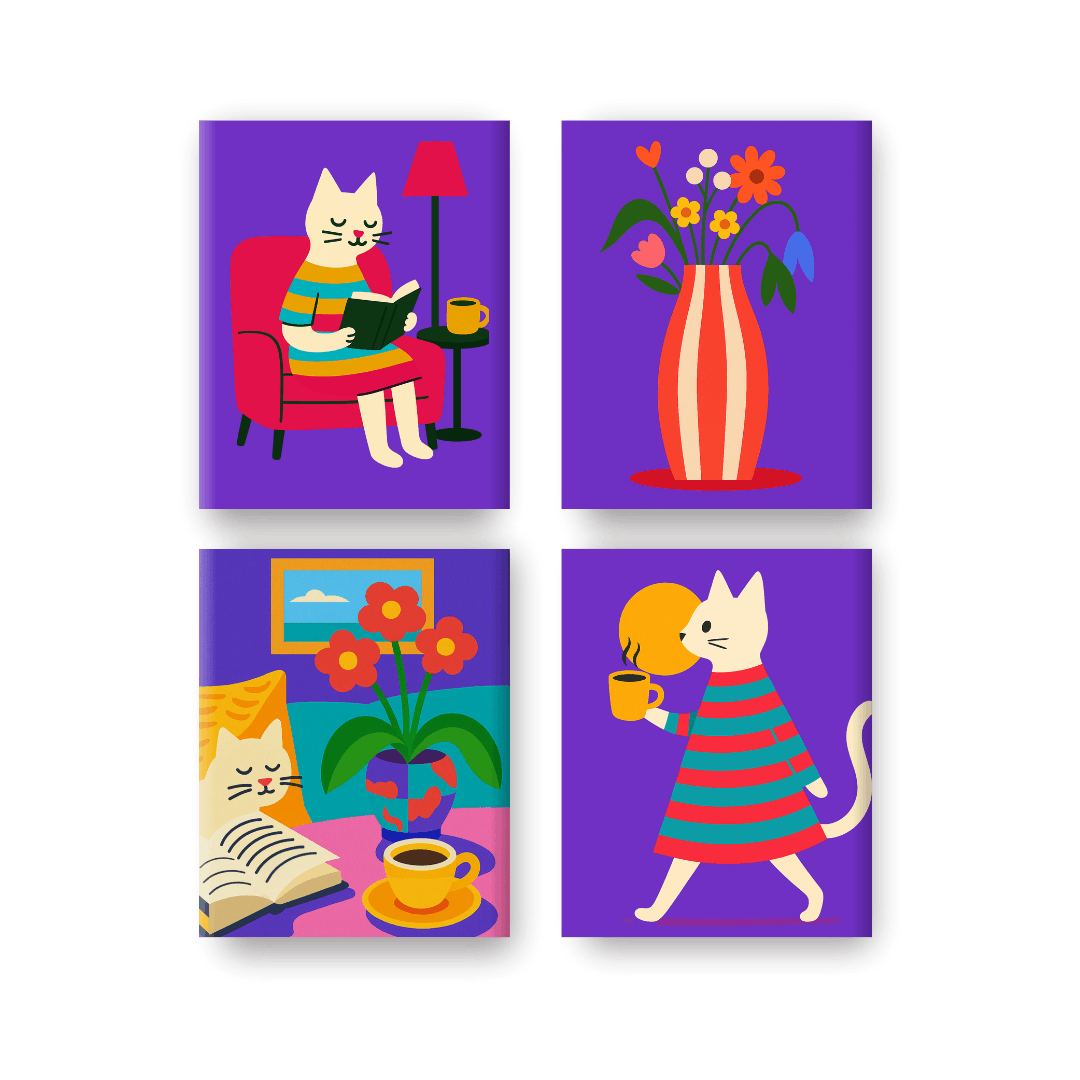 4 Mini Paintings - Cozy Cat Life Set