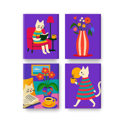 4 Mini Paintings - Cozy Cat Life Set