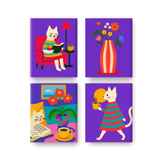 4 Mini Paintings - Cozy Cat Life Set