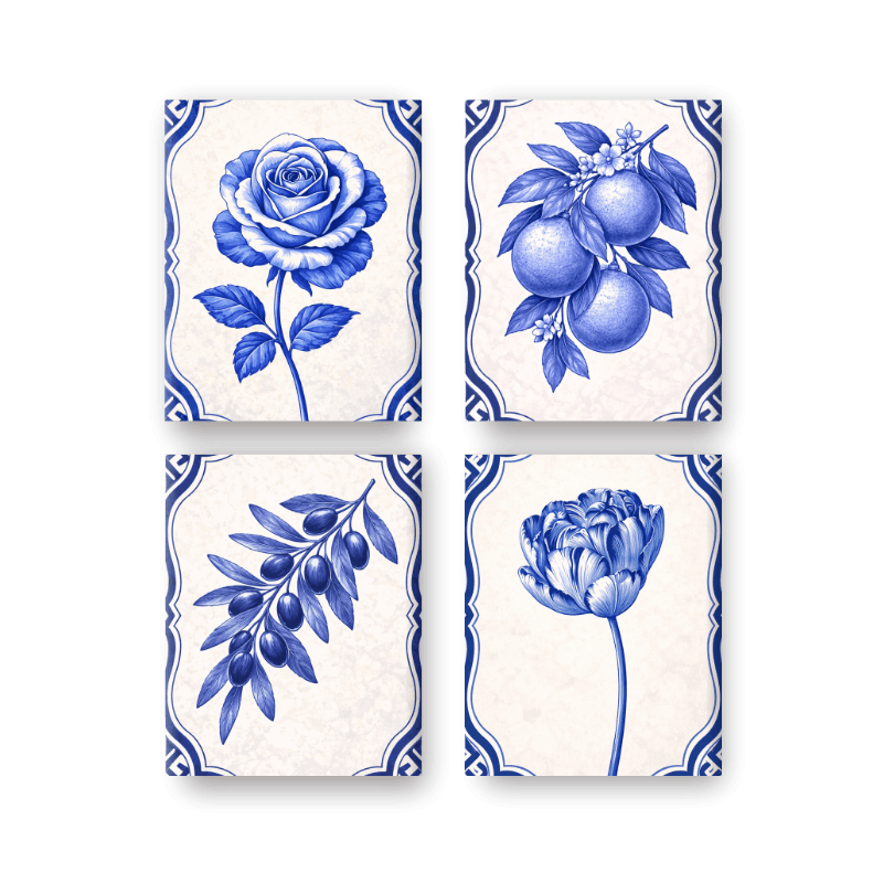 4 Mini Paintings - Delft Blue Plants Set