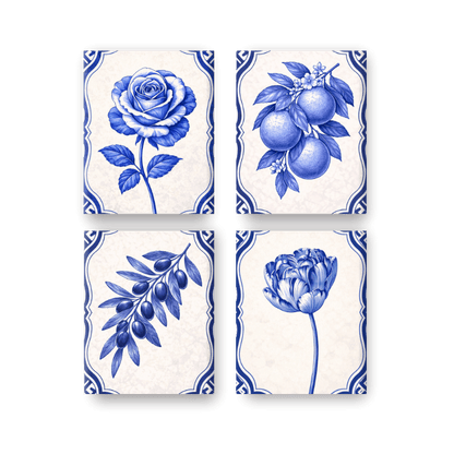 4 Mini Paintings - Delft Blue Plants Set