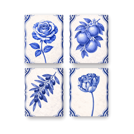 4 Mini Paintings - Delft Blue Plants Set