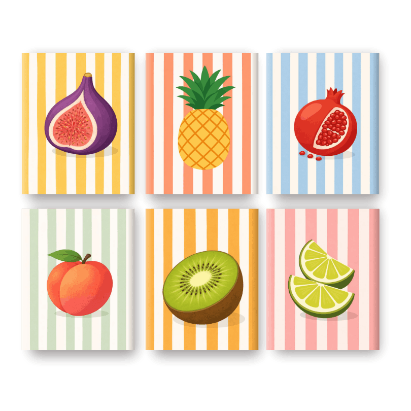 6 Mini Paintings - Striped Fruits Set