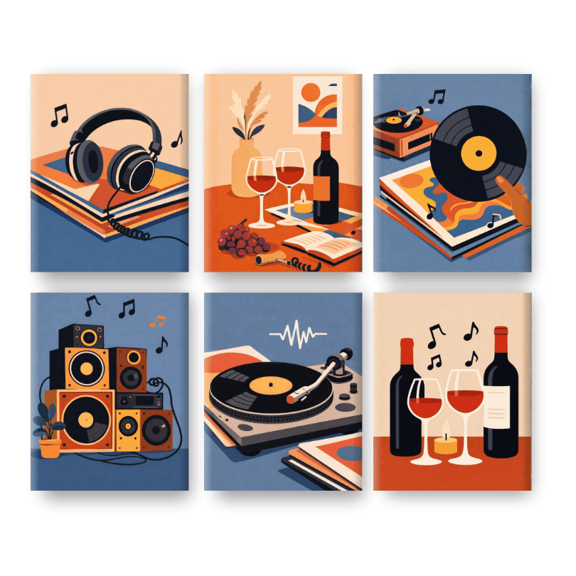 6 Mini Paintings - Music & Wine Set