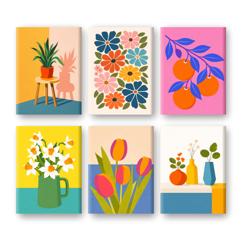 6 Mini Paintings - Botanical Flowers & Plants Set