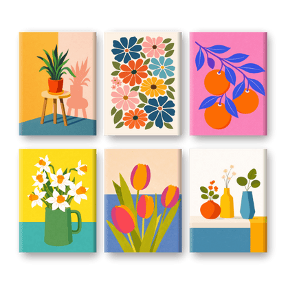 6 Mini Paintings - Botanical Flowers & Plants Set
