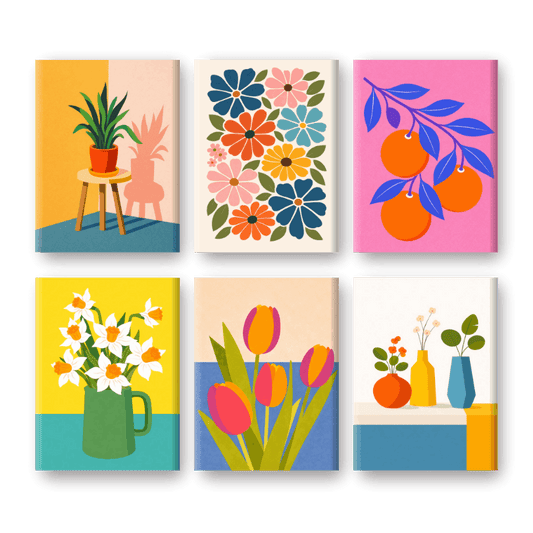 6 Mini Paintings - Botanical Flowers & Plants Set