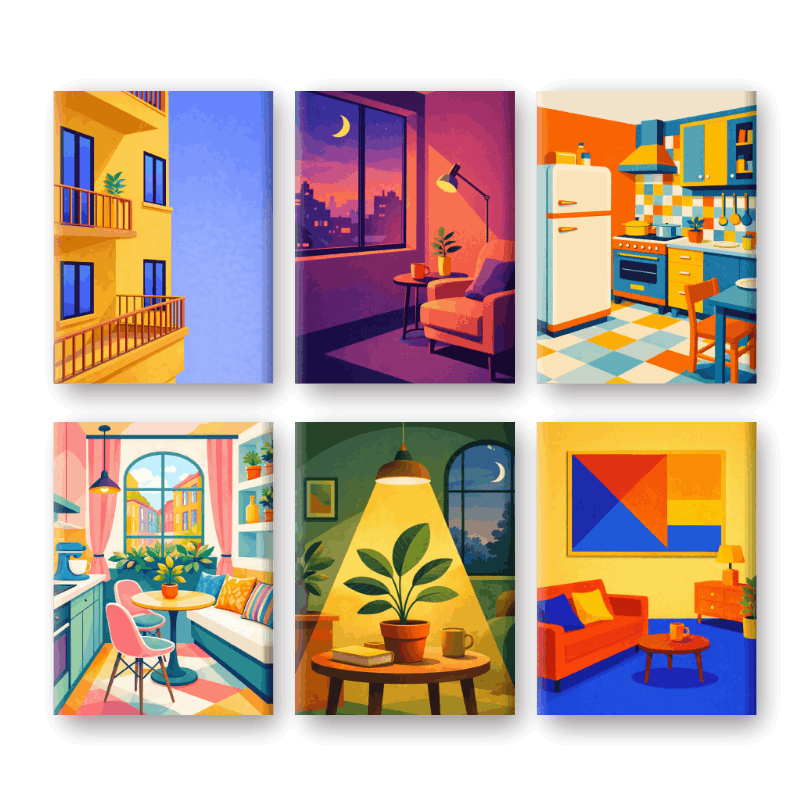 6 Mini Paintings - City Apartments Set
