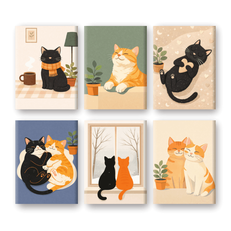 6 Mini Paintings - Cute House Cats Set