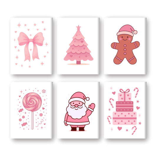 6 Mini Paintings - Cute Pink Christmas Set