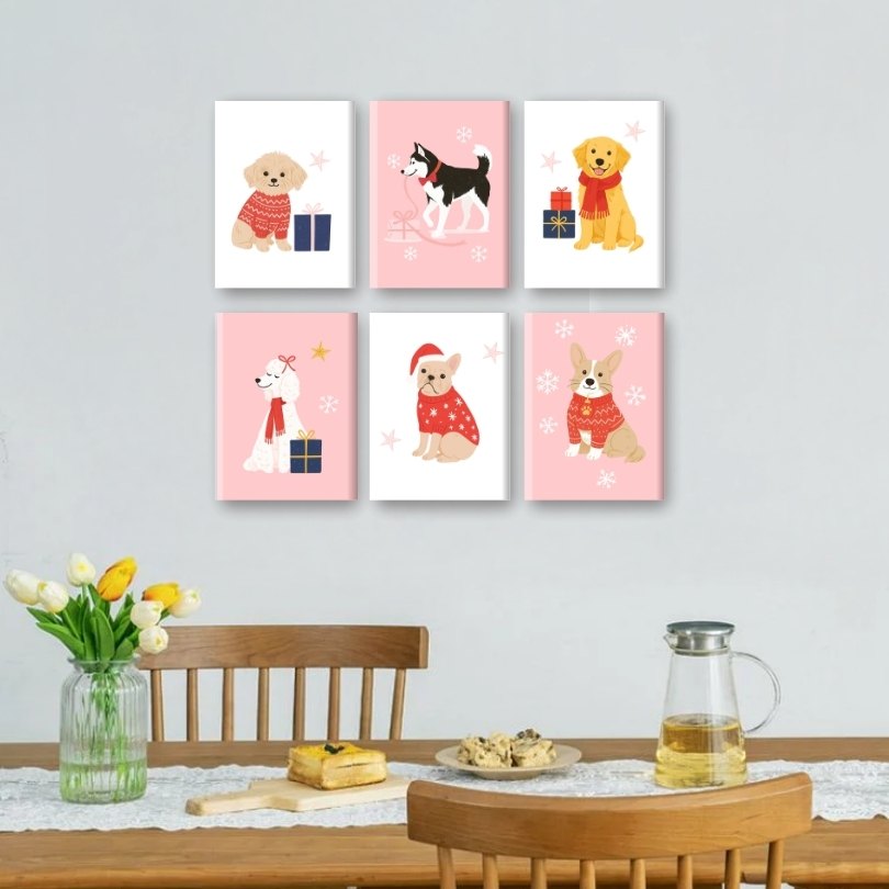 6 Mini Paintings - Cute Winter Dogs Set