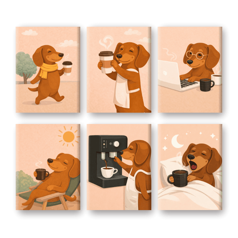 6 Mini Paintings - Dachshund Coffee Set